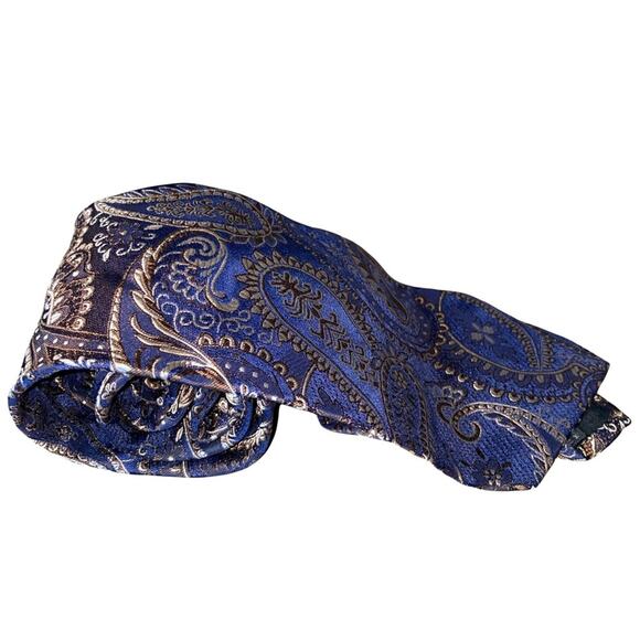 Express Design Studio Paisley Print Blue and Brown 100% Italian Silk Tie - Picture 7 of 12
